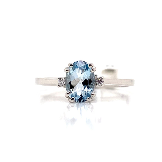 LIVINGSTONE JEWELRY 14K WHITE GOLD 0.70 CT AQUAMARINE CENTER 0.022 TW NATURAL DIAMOND ACCENT RING