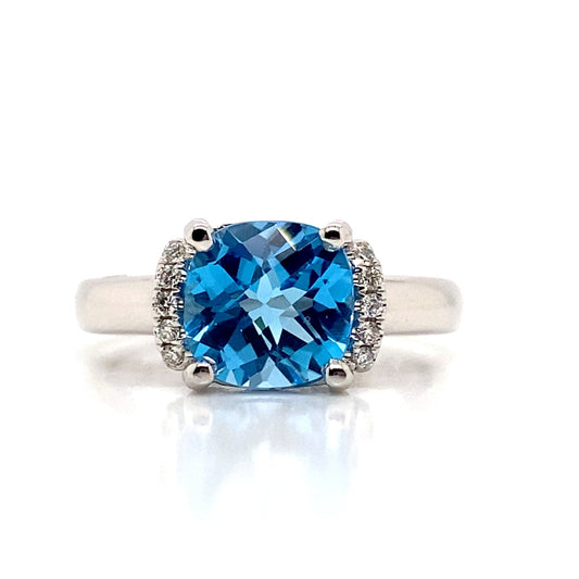 LIVINGSTONE JEWELRY 14K WHITE GOLD 2.90 CT SWISS BLUE TOPAZ AND 0.06 TW NATURAL DIAMOND ACCENT RING