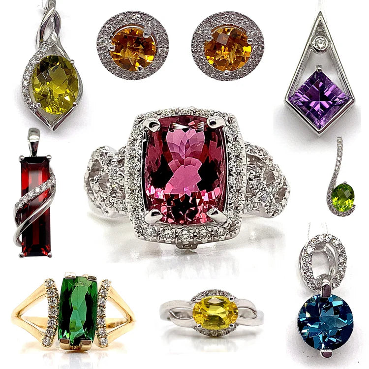 A collection of colorful gemstone jewelry pieces, including rings, earrings, and pendants on a white background.