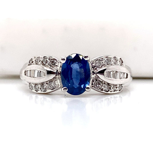 ASTER JEWELS 14K WHITE GOLD   .97 CT BLUE SAPPHIRE CENTER   .16 CT TW NATURAL ROUND BRILLIANT DIAMOND ACCENT  FASHION RING