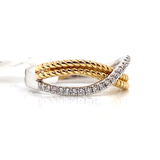 Experience the elegance of this exquisite piece of jewelry: the 14K White and Yellow Gold 0.18 CT TW Natural Diamond Accent Fashion Ring, featuring an intertwined design with small, sparkling diamonds.