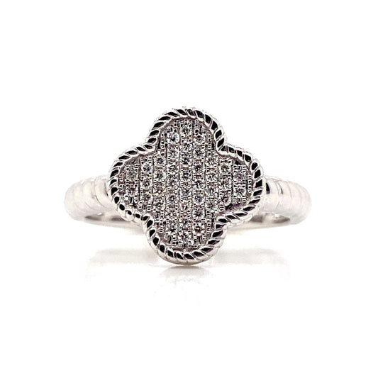 Part of our exquisite jewelry collection, this 14K white gold fashion ring features a clover-shaped design adorned with natural diamond accents totaling 0.24 carat.