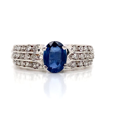 ASTER JEWELS 14K WHITE GOLD   .97 CT NATURAL BLUE SAPPHIRECENTER   .39 CT TW NATURAL ROUND BRILLIANT DIAMOND ACCENT  FASHION RING