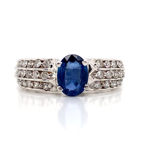 ASTER JEWELS 14K WHITE GOLD   .97 CT NATURAL BLUE SAPPHIRECENTER   .39 CT TW NATURAL ROUND BRILLIANT DIAMOND ACCENT  FASHION RING