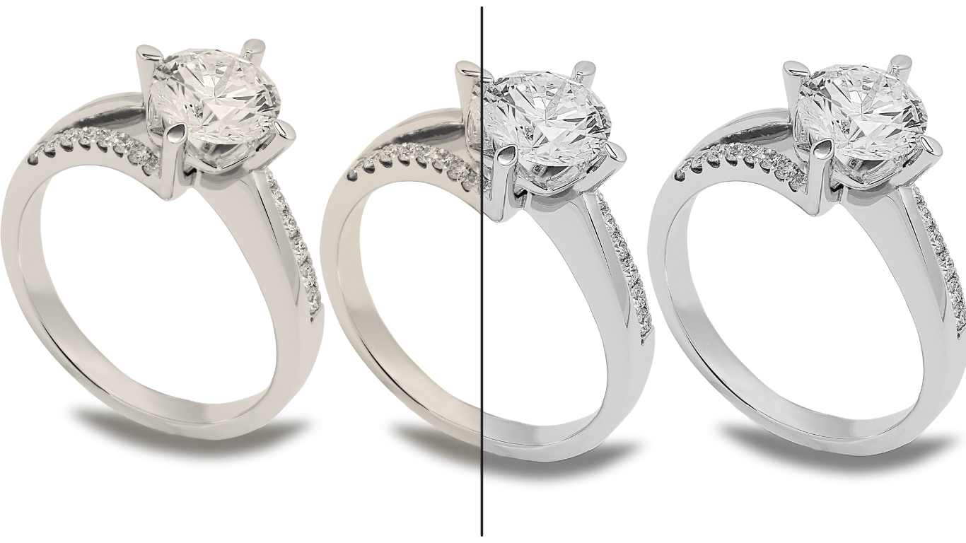 Side-by-side comparison of a diamond ring with yellowish tint (left) and a whiter tint (right), divided by a line.