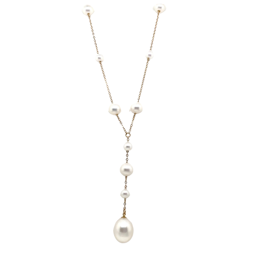 The 14K Yellow Gold 4.5-10 mm Freshwater Pearl Necklace beautifully features a Y-shaped design with a dangling teardrop pearl, elegantly crafted in exquisite yellow gold.