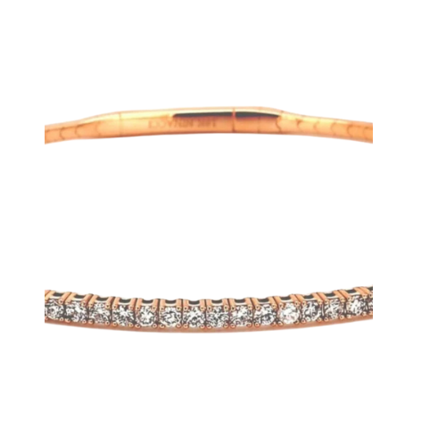 The 14K ROSE GOLD 1.03CT TW NATURAL ROUND BRILLIANT DIAMOND FLEX BANGLE 7" showcases a sleek and elegant design with sparkling diamond accents.