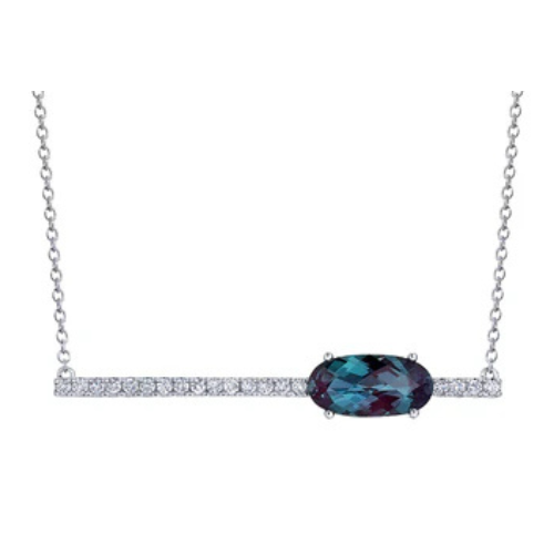 14K white gold bar style necklace featuring a 12x6mm, 2.38ct oval checkerboard lab-created alexandrite alongside .27ct lab-grown diamond accents on a delicate chain.