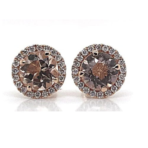 The 14K rose gold stud earrings feature a stunning 1.48 ct tw round morganite, elegantly set in a halo style with .21 ct tw natural round brilliant diamonds, creating a dazzling display against a white background.