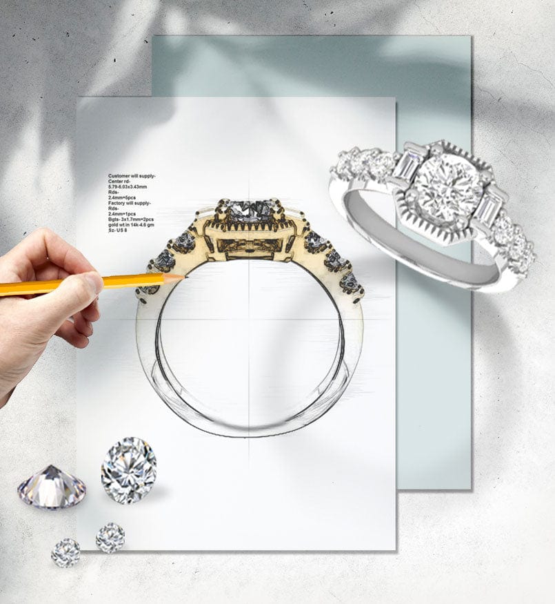 A hand sketches a diamond ring while a finished diamond ring floats above the drawing.