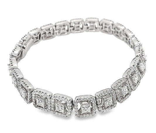18KW 5.50CTW NATURAL PRINCESS AND ROUND BRILLIANT DIAMOND G-H/SI HALO STYLE TENNIS BRACELET 7"