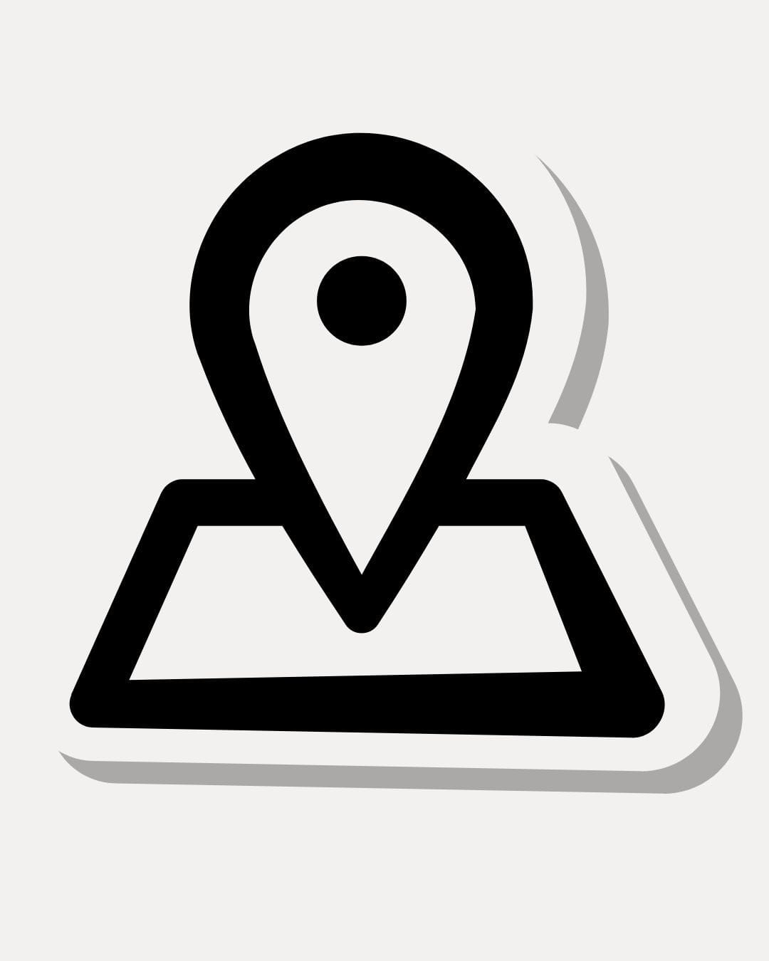 Black location icon on a white background