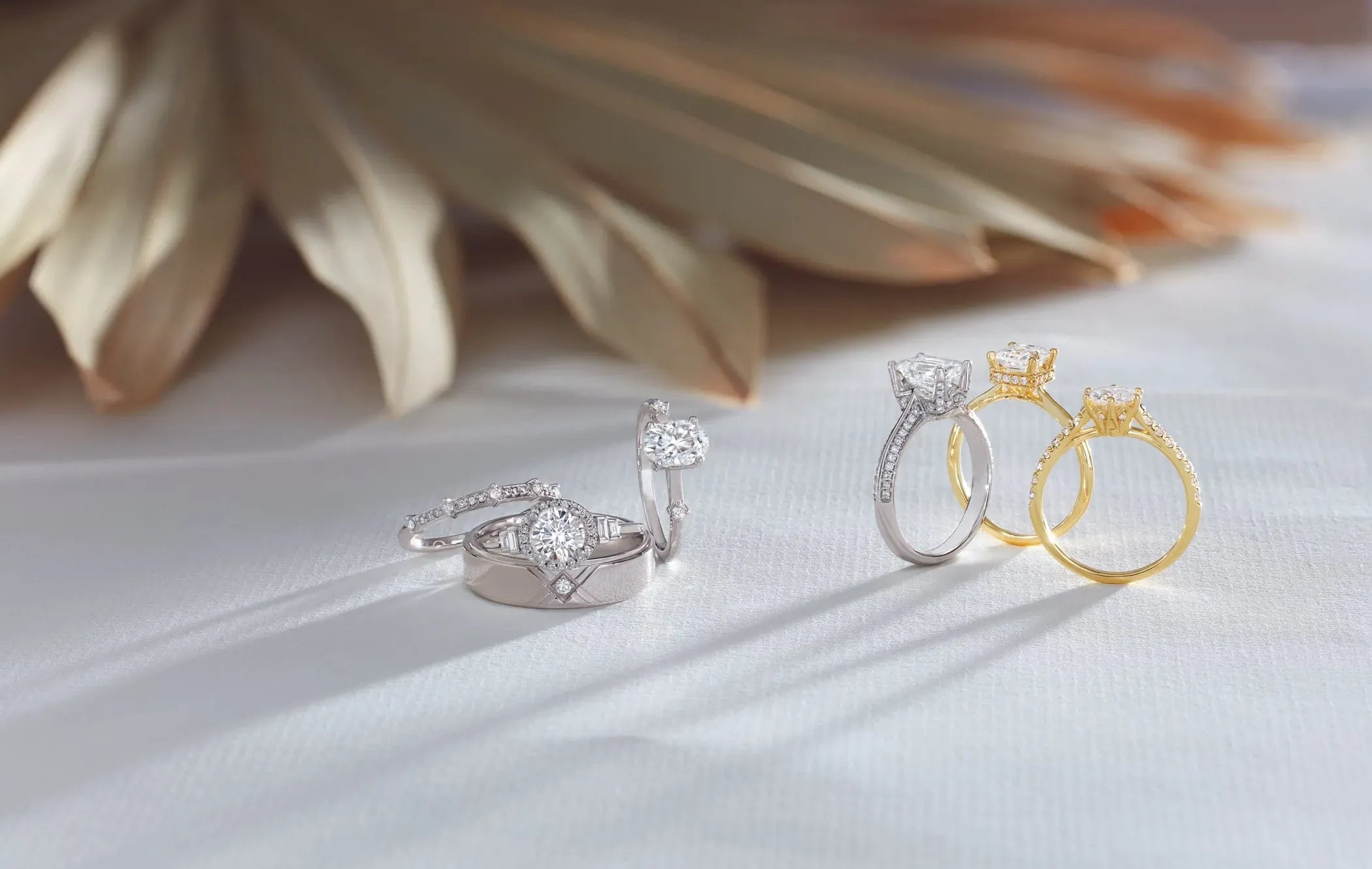 Three diamond engagement rings in silver, gold, and rose gold on a white surface with a dried flower.