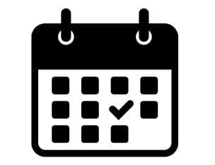 Black calendar icon with a check mark on a white background