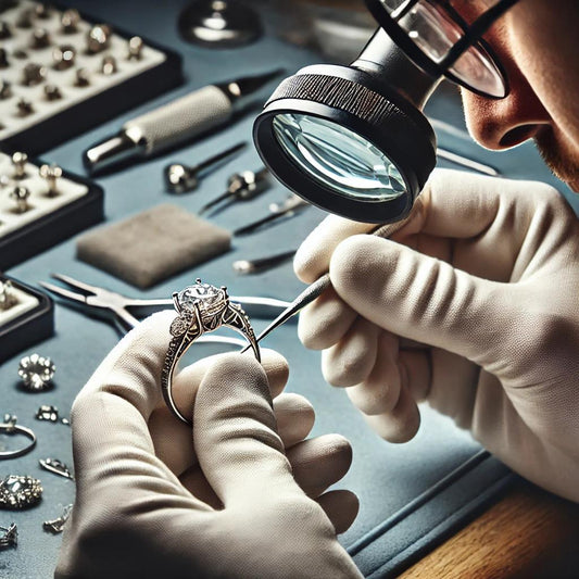 During a Complimentary Jewelry Inspection, a diamond ring sparkles under the jeweler's meticulous eye, surrounded by an array of tools and shimmering gemstones, exemplifying expert craftsmanship.