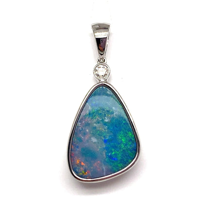 14K WHITE GOLD 5.27 CT DOUBLE OPAL CENTER 0.072 CT TW NATURAL DIAMOND ACCENT PENDANT