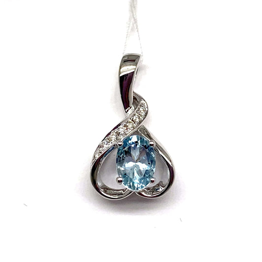 14K WHITE GOLD 0.77 CT AQUAMARINE CENTER 0.07 CT TW NATURAL DIAMOND ACCENT PENDANT