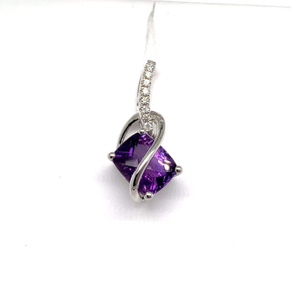 14K WHITE GOLD 3.10 CT AMETHYST CENTER 0.072 CT TW NATURAL DIAMOND ACCENT PENDANT