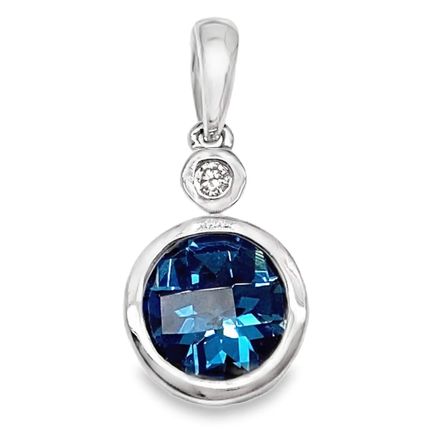 14K WHITE GOLD 1.85 CT LONDON BLUE TOPAZ CENTER 0.031 CT TW NATURAL DIAMOND ACCENT PENDANT