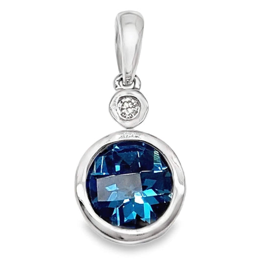 14K WHITE GOLD 1.85 CT LONDON BLUE TOPAZ CENTER 0.031 CT TW NATURAL DIAMOND ACCENT PENDANT
