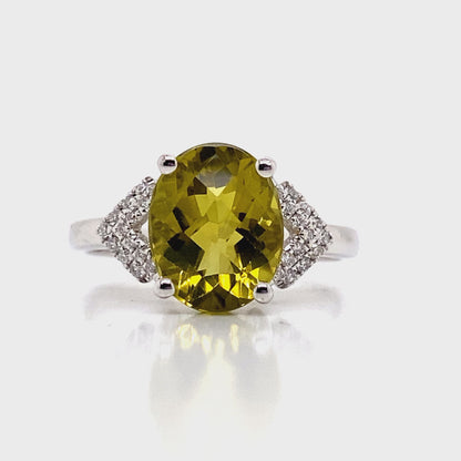 14K WHITE GOLD 2.90 CT LIME CITRINE CENTER 0.168 TW NATURAL DIAMOND ACCENT RING