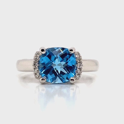 14K WHITE GOLD 2.90 CT SWISS BLUE TOPAZ AND 0.06 TW NATURAL DIAMOND ACCENT RING