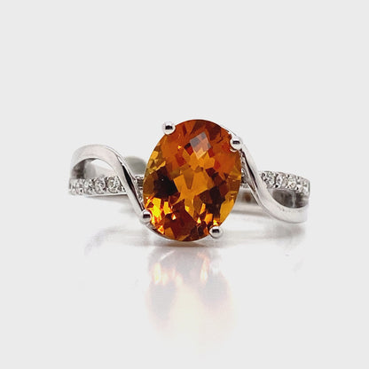 14K WHITE GOLD 1.95 CT CITRINE CENTER 0.108 TW NATURAL DIAMOND ACCENT RING