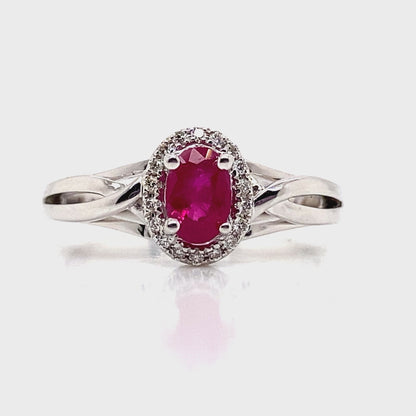 14K WHITE GOLD 0.55 CT RUBY CENTER 0.108 TW NATURAL DIAMOND ACCENT RING