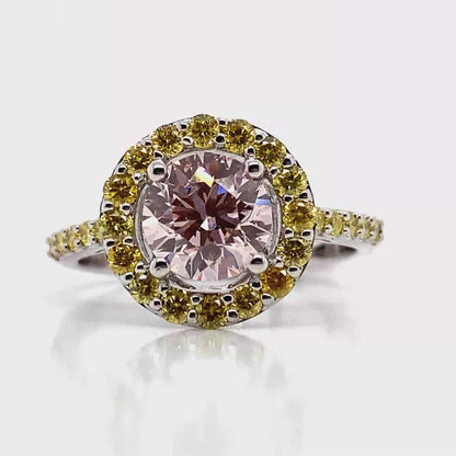 14K WHITE GOLD 2.15 CT TW CENTER PINK LAB GROWN DIAMOND RING W/YELLOW ACCENT DIAMONDS