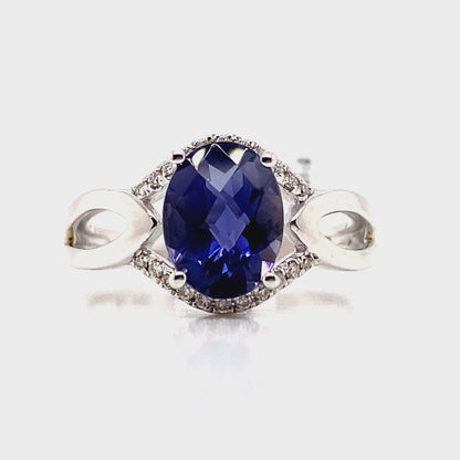 14K WHITE GOLD 1.85 CT IOLITE CENTER 0.132 TW NATURAL DIAMOND ACCENT RING