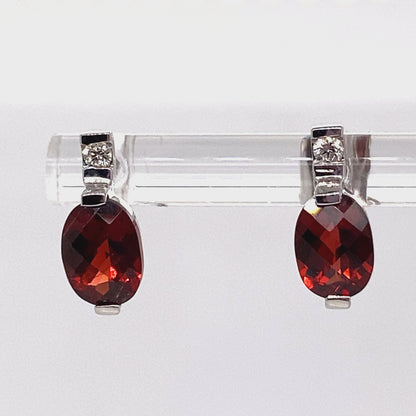 14K WHITE GOLD 2.00 CT TW GARNET CENTER 0.052 CT TW NATURAL DIAMOND ACCENT EARRINGS