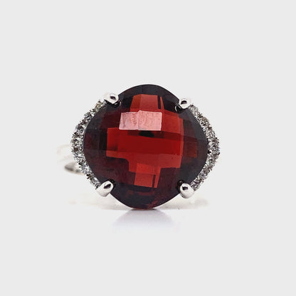 14K WHITE GOLD 8.50 CT GARNET CENTER 0.112 TW NATURAL DIAMOND ACCENT RING