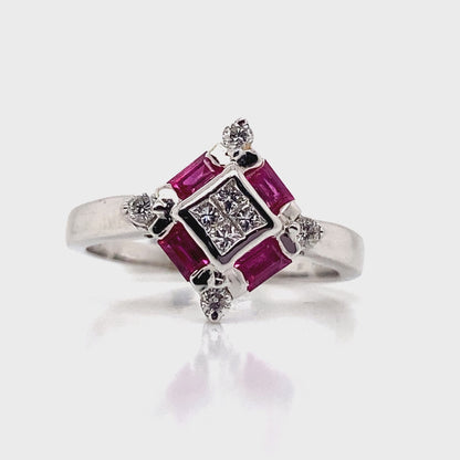 14K WHITE GOLD   .42CT TW NATURAL RUBY ACCENT    .25 CT TW ROUND BRILLIANT NATURAL DIAMOND ACCENT  FASHION RING