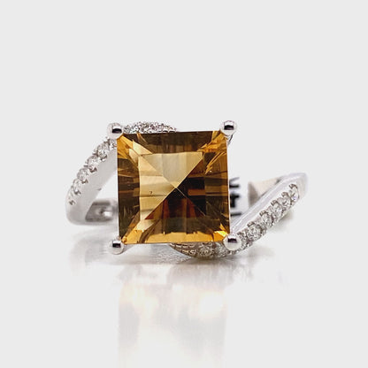 14K WHITE GOLD 2.85 CT CITRINE CENTER 0.132 TW NATURAL DIAMOND ACCENT RING