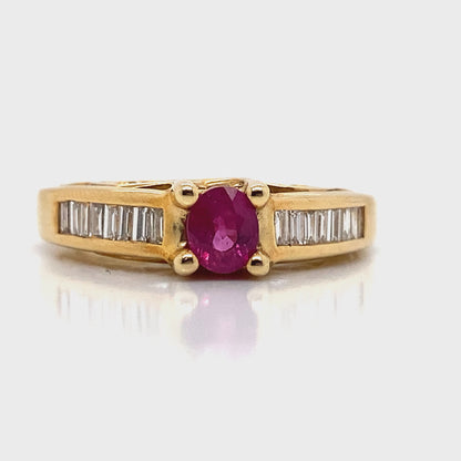 14K YELLOW GOLD   .42 CT NATURAL RUBY  .05 CT TWD ROUND BRILLIANT AND .37 CT TW BAGUETTE DIAMOND ACCENT  FASHION RING