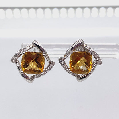 14K WHITE GOLD 2.80 CT TW CITRINE CENTER 0.168 CT TW NATURAL DIAMOND ACCENT EARRINGS