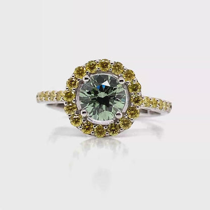 14K WHITE GOLD 1.53 CT TW GREEN CENTER LAB GROWN DIAMOND RING W/YELLOW LAB GROWN DIAMONDS