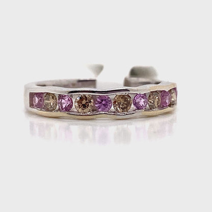 14K WHITE GOLD .25CT TW NATURAL CHOCOLATE DIAMOND AND .30CT TW NATURAL PINK SAPPHIRE WAVY BAND