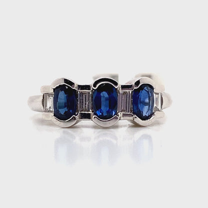 14K WHITE GOLD   1.04 CT TW NATURAL BLUE SAPPHIRE   .23 CT TW NATURAL BAGUETTE DIAMOND ACCENT  FASHION RING