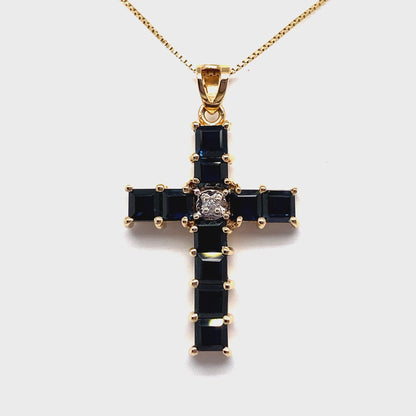 14K YELLOW GOLD 2 1/2 CT TW NATURAL BLUE SAPPHIRE AND DIAMOND CROSS PENDANT ESTATE