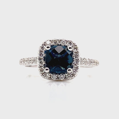 14K WHITE GOLD 1.30 CT LONDON BLUE TOPAZ CENTER 0.396 TW NATURAL DIAMOND ACCENT RING