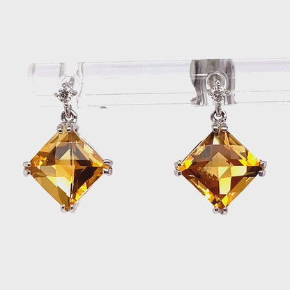 14K WHITE GOLD 2.00 CT TW CITRINE CENTER 0.036 CT TW NATURAL DIAMOND ACCENT EARRINGS