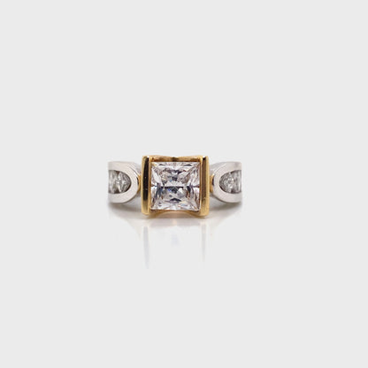 14K WHITE AND YELLOW GOLD CZ CENTER ( 6.5 MM PRINCESS) .75 CT TW NATURAL PRINCESS DIAMOND ACCENT V-CHANNEL HEAD RING WITH A SQUARE SHANK