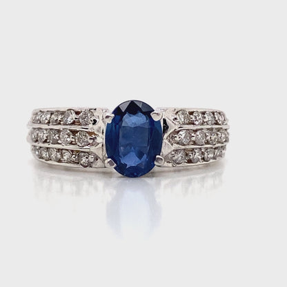 14K WHITE GOLD   .97 CT NATURAL BLUE SAPPHIRECENTER   .39 CT TW NATURAL ROUND BRILLIANT DIAMOND ACCENT  FASHION RING