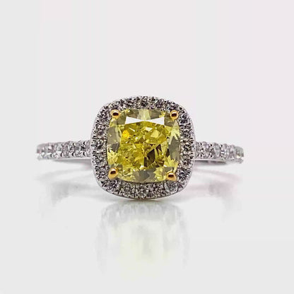 14K WHITE GOLD   1.50 CT TW LAB GROWN YELLOW DIAMOND CUSHION CUT CENTER     .55CT DIAMOND ACCENT  HALO STYLE RING