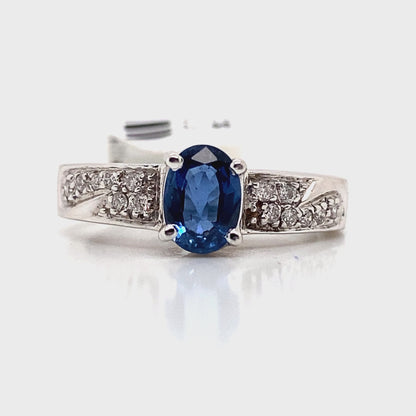 14K WHITE GOLD    .95 CT BLUE SAPPHIRE CENTER   .14 CT TW ROUND BRILLIANT NATURAL DIAMOND ACCENT  FASHION RING