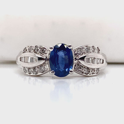 14K WHITE GOLD   .97 CT BLUE SAPPHIRE CENTER   .16 CT TW NATURAL ROUND BRILLIANT DIAMOND ACCENT  FASHION RING