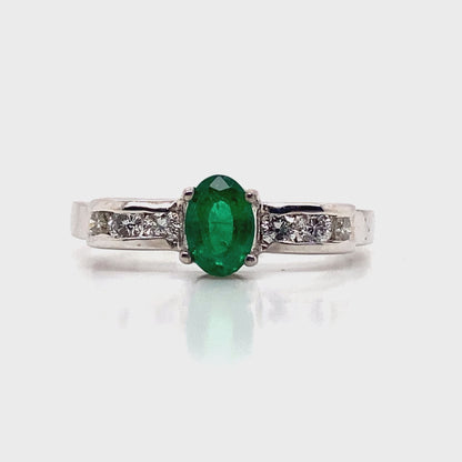 14K WHITE GOLD    .40 CT NATURAL EMERALD CENTER       .25 CT TW ROUND BRILLIANT NATURAL DIAMOND ACCENT   FASHION RING