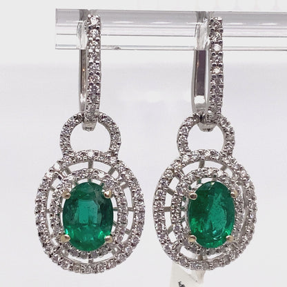 14K WHITE GOLD    2.4O CT TW NATURAL EMERALD    .81CT TW  ROUND BRILLIANT NATURAL DIAMOND  FASHION EARRINGS