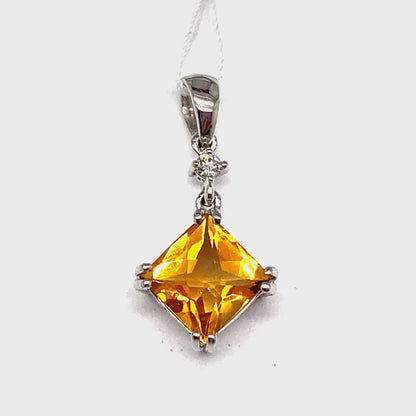 14K WHITE GOLD 1.00 CT CITRINE CENTER 0.018 CT NATURAL DIAMOND ACCENT PENDANT